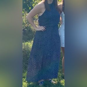 Women’s Sleeveless Navy Polka Dot Maxi Dress Halter Neck Size Large